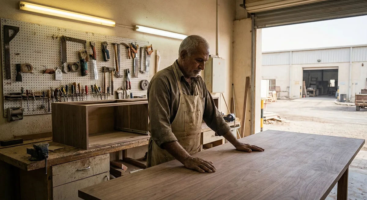Carpenter in Rusayl workshop inspecting finished walnut tabletop with tools on pegboard wall behind