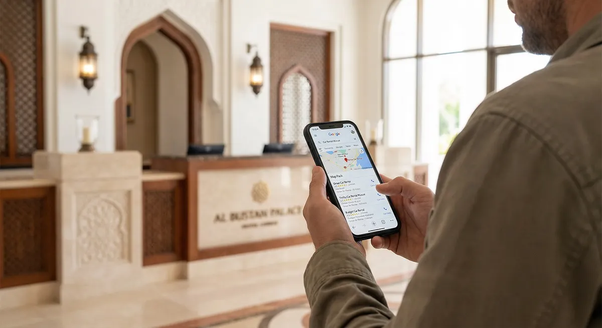 Traveler viewing Google car rental search results on phone in a Muscat hotel lobby