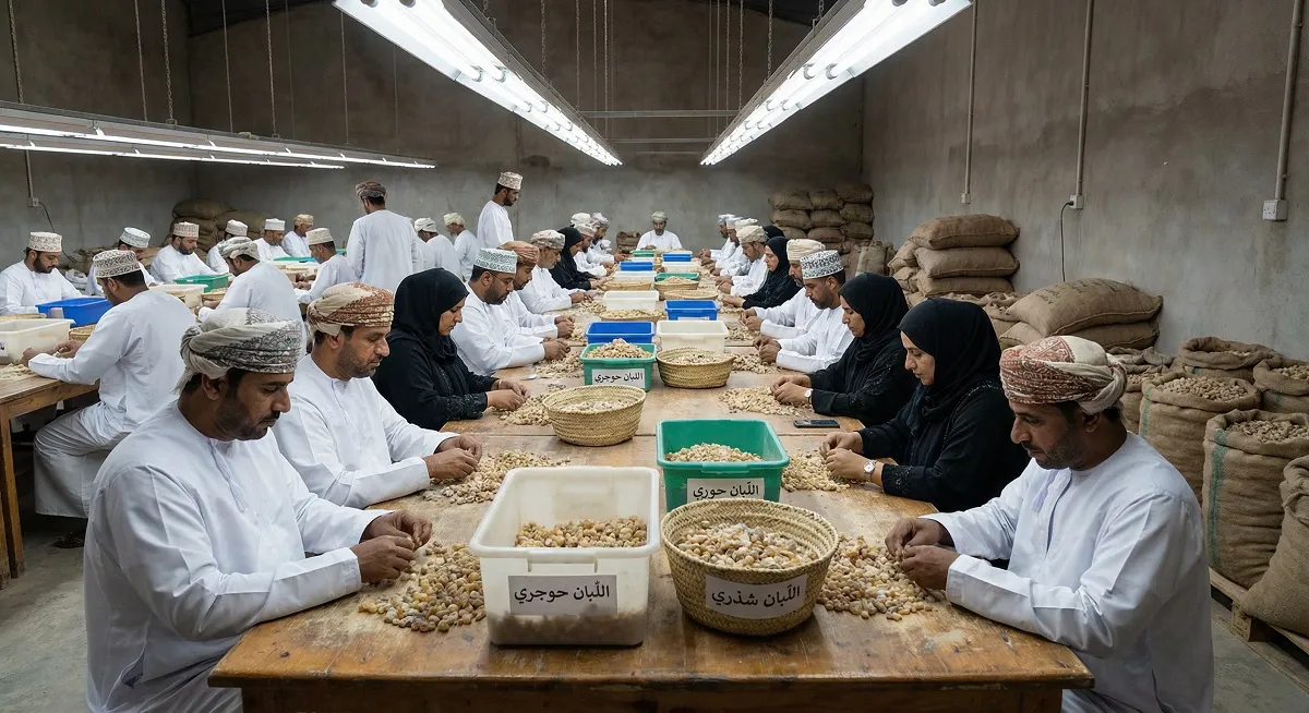 Workers sorting and grading frankincense resin by hand in a Dhofar Oman processing facility