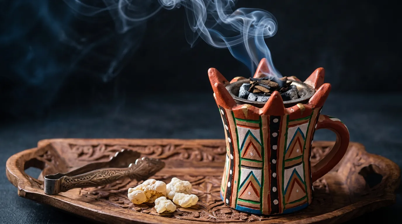 Omani bukhoor smoldering on traditional mabkhara incense burner with frankincense resin and rising smoke