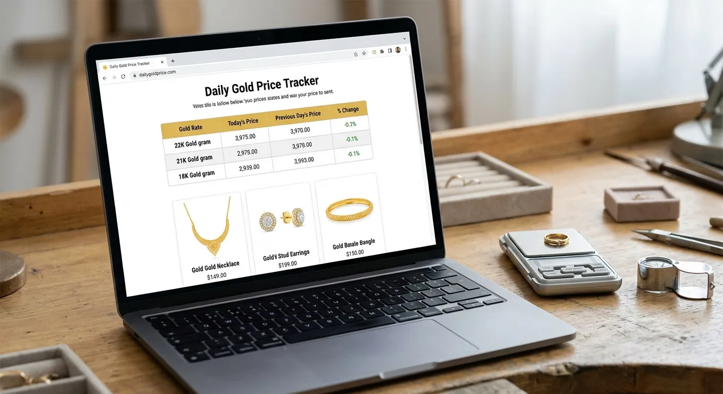 Gold price tracker webpage on laptop at jeweler desk showing daily rates and jewelry products with precision scale nearby