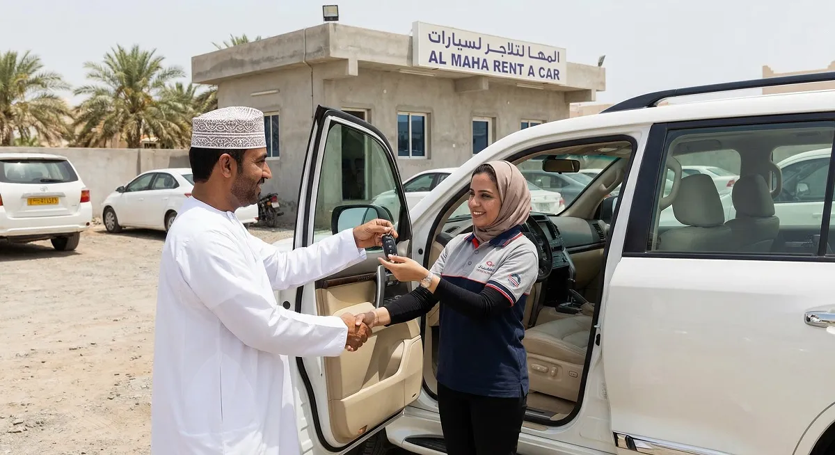 Customer receiving car keys from rental company employee beside clean white SUV in Muscat car rental lot
