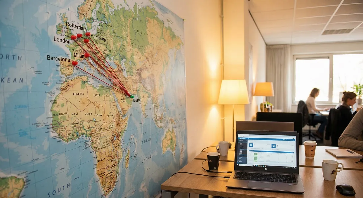 World map in Oman export office with pins connecting Muscat to European buyer cities showing trade routes