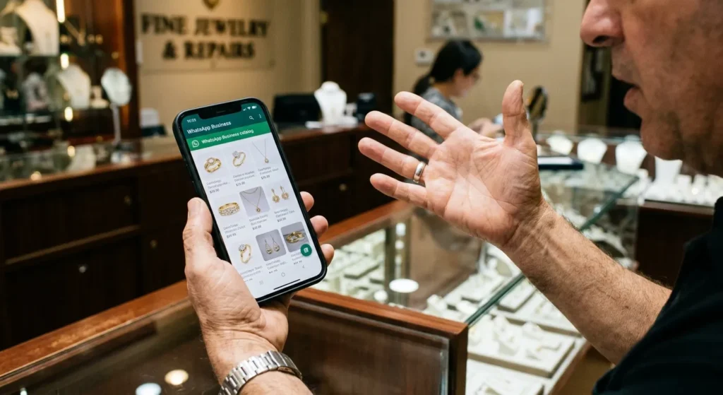 Jeweler holding smartphone showing WhatsApp jewelry catalog in shop with gold display cases behind