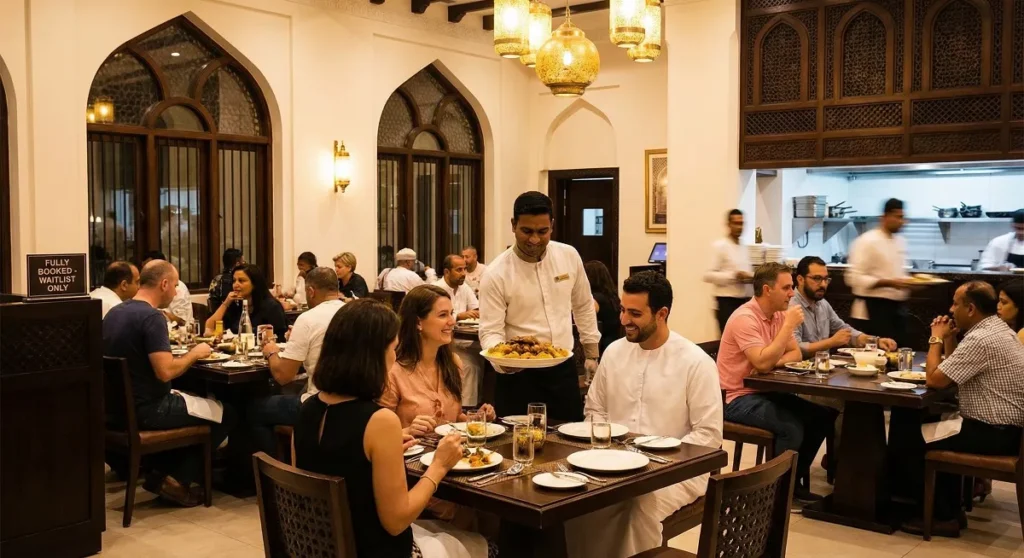 Busy upscale Muscat restaurant at dinner service with full tables and waiter serving smiling customers