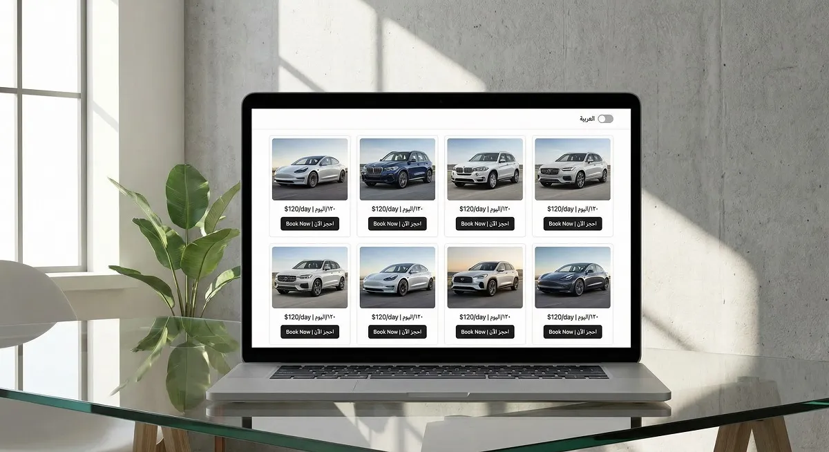 Modern bilingual car rental website showing fleet with prices and booking buttons on laptop screen