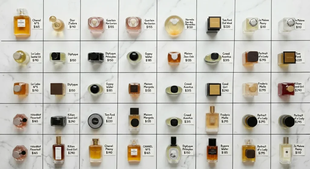 Perfume bottles arranged in grid on white marble with handwritten labels showing brands and prices from above