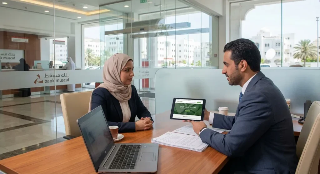 Business owner presenting company website on tablet to bank manager during meeting in Muscat bank office